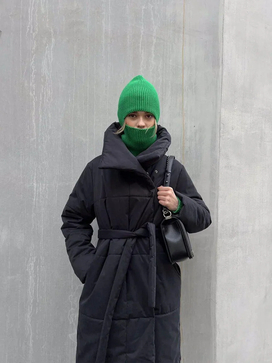 Winter Female Parkas Outwear Loose Lace-Up High Waist Long Sleeve Pocket Lapel Bandage Coat For Women Solid Parkas
