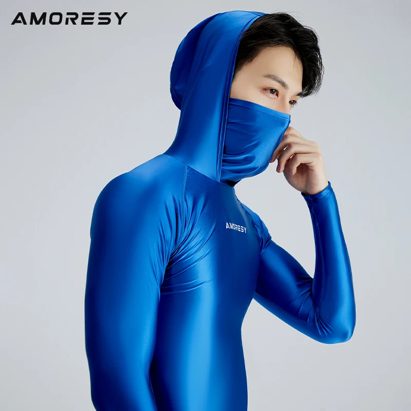 Men Silk smooth glossy swimsuit Tight pants surfing quick drying long sleeved Hooded top fitness Breathable body suits men swimsuit male swim rash guard