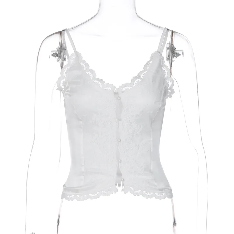 Lace Casual Female Camisole Y2k Top V-Neck High Waist Streetwear White Backless Patchwork See-Through Women Tank Top Vest