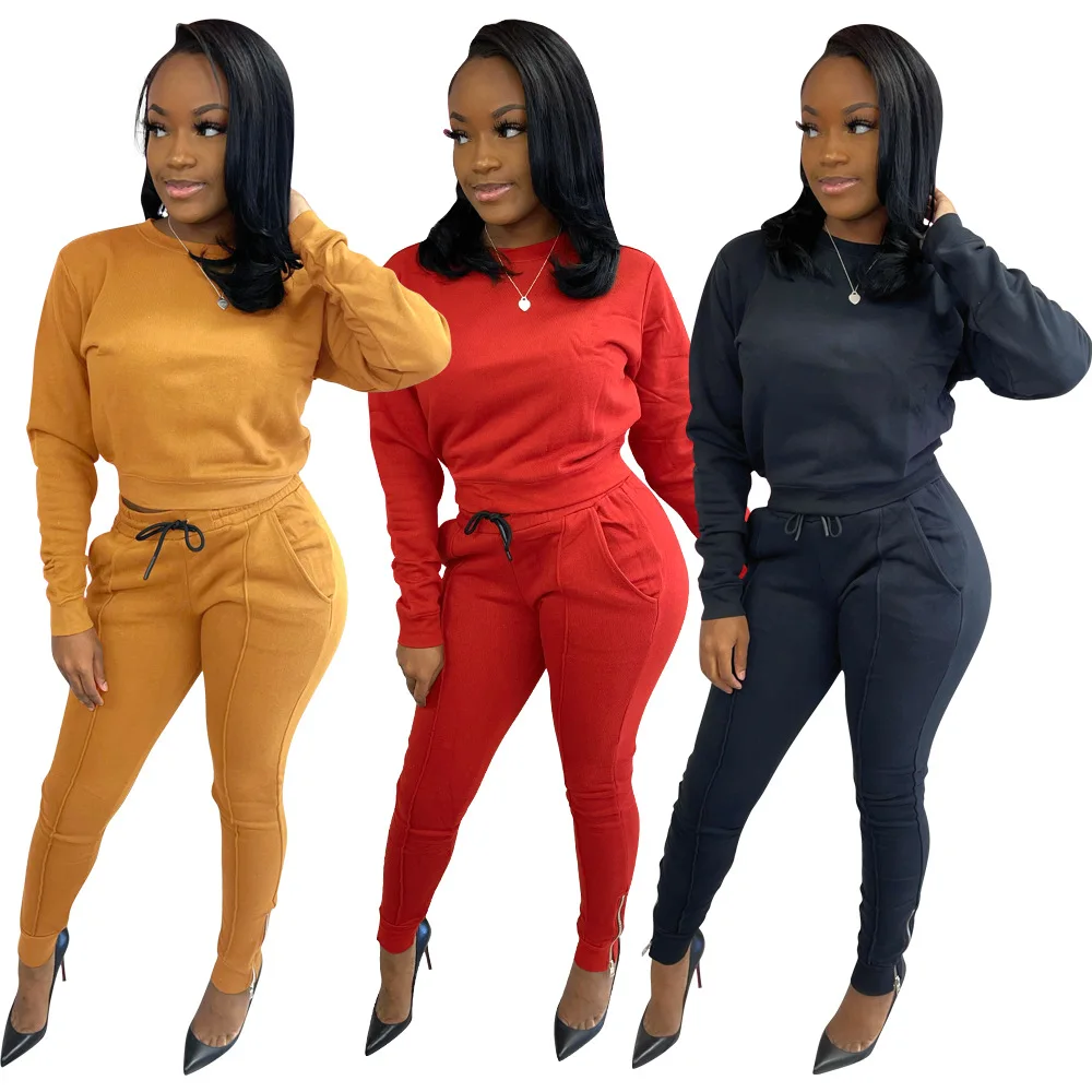 

Fashion Women 2 Pieces Set Tracksuits 2022 Long Sleeve Solid Color Pullover T-shirt High Waist Lace-up Long Pant Outfits