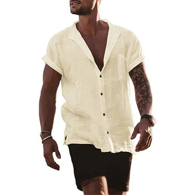 Men Short-Sleeved Shirts Summer Stand-Up Collar Casual Beach Style Plus Size linen shirt cotton shirt