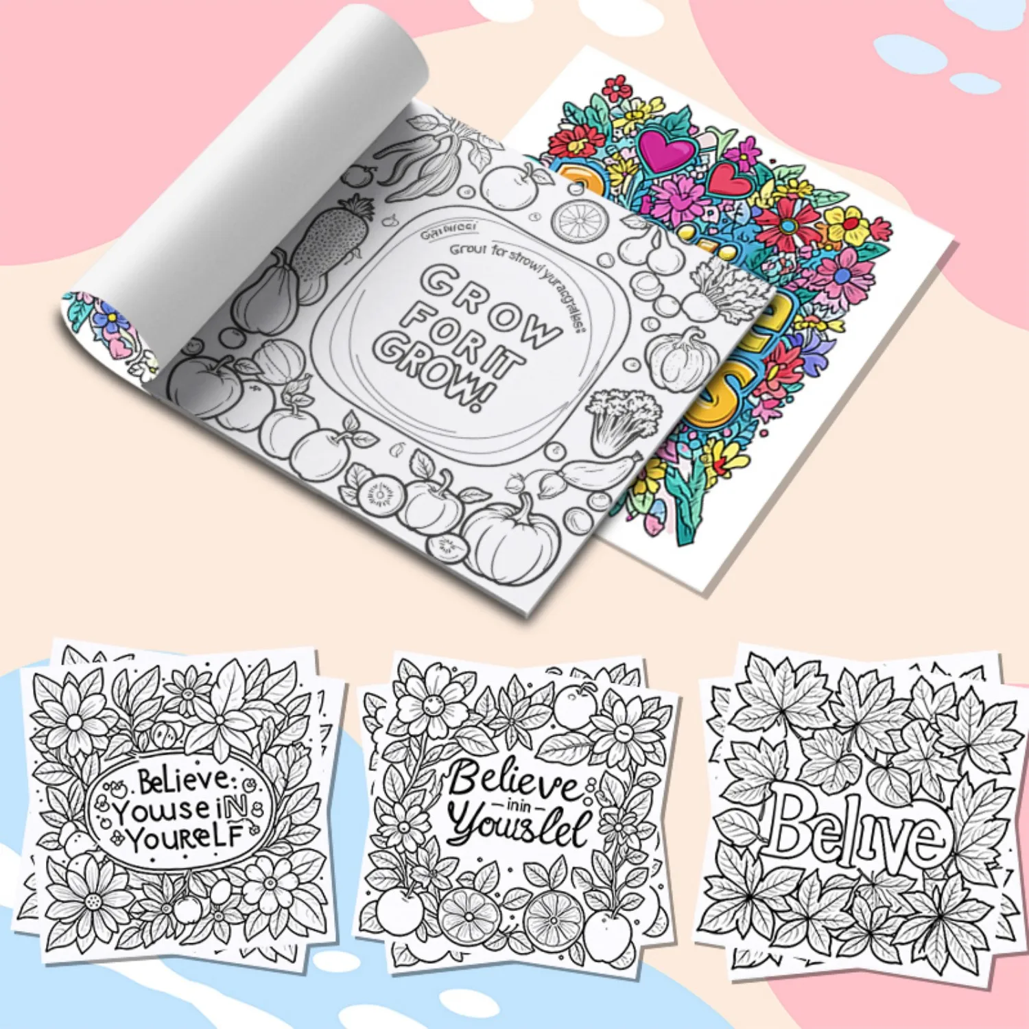 2pcs Adult Coloring Book Filling The Pattern Coloring Creative Positive Words With Floral Designs Booklet For Teens Relaxation 6