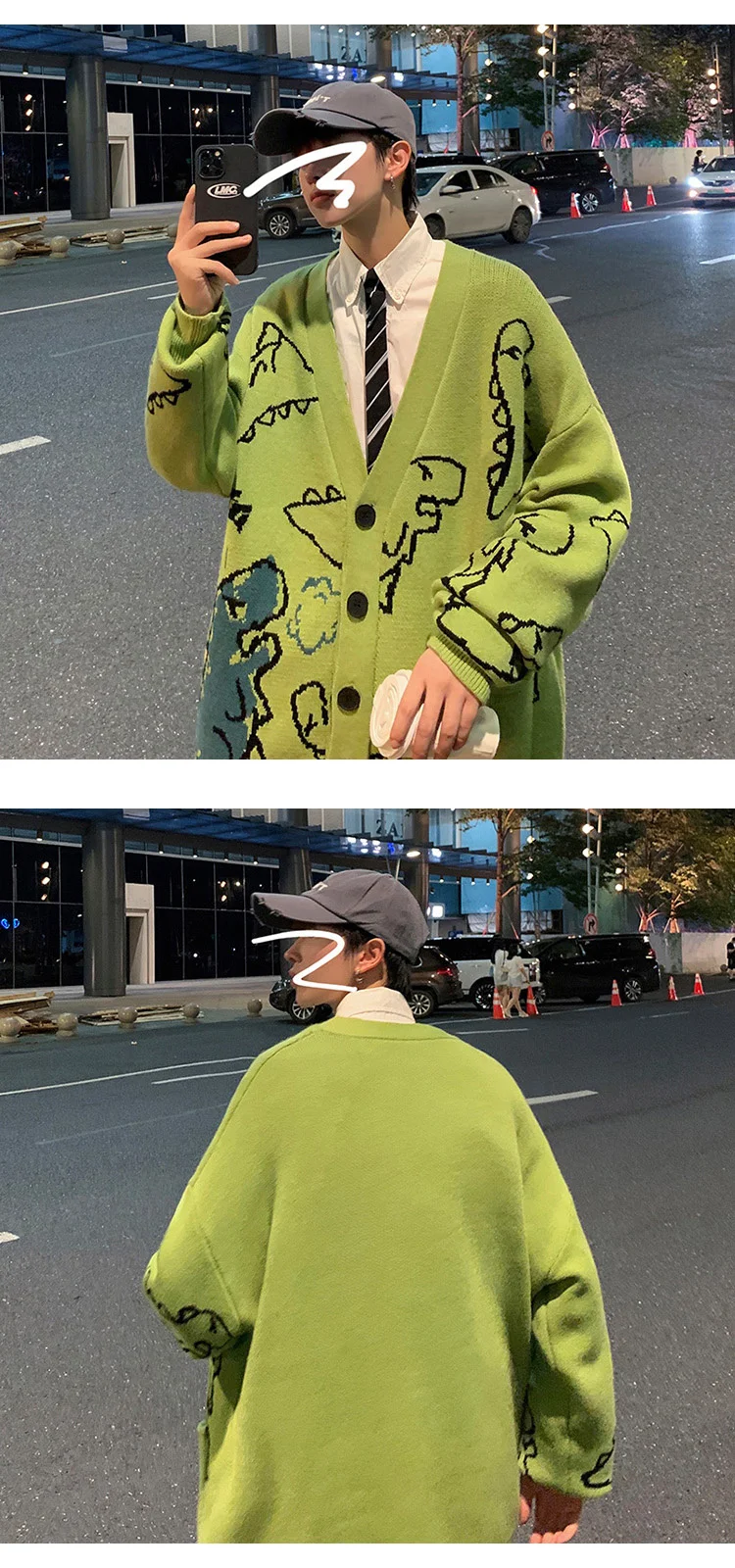 Autumn Oversize Cardigan Men Knitted Dinosaur Sweater Streetwear Loose Male Women Coat 2024 Doodle Hop Pattern Winter