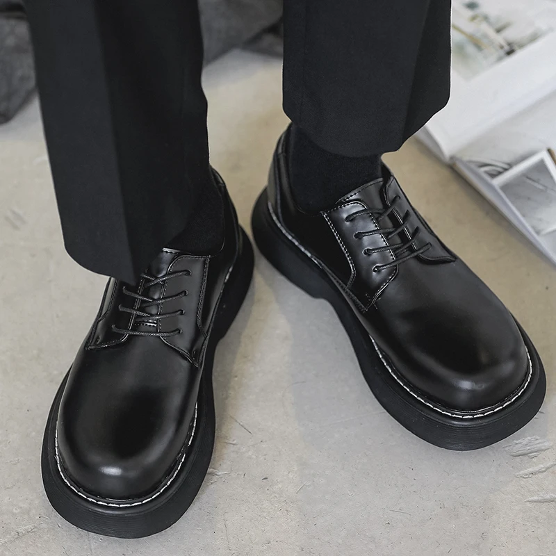 

Men Platform Leather Casual Shoes Black White Vintage Male Lace Up Dress Shoes Business Oxfords Fashion Wedding Flats Men