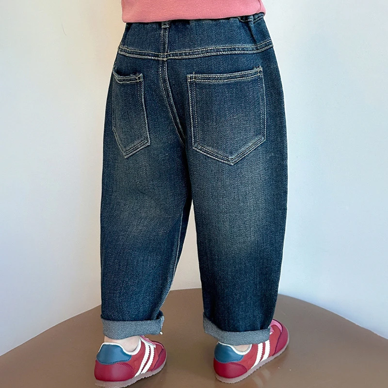 سراويل جينز للفتيات للربيع والخريف، سراويل كاجوال فضفاضة مستقيمة على شكل كارتون هيلو كيتي للأطفال من عمر 2 إلى 8 سنوات، ملابس أطفال