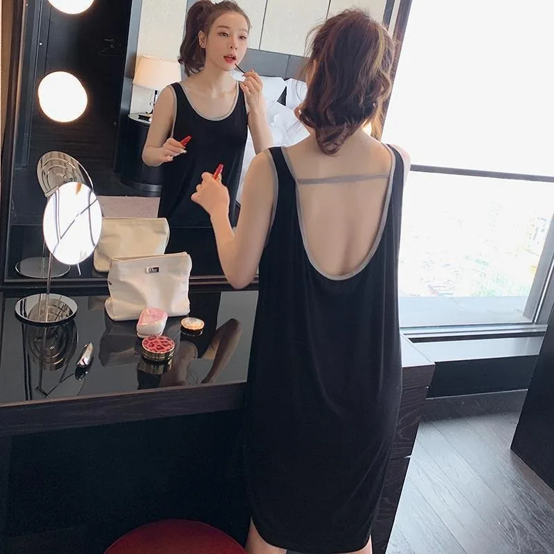 Solid color sleeveless Large size nightdress female In the summer loose sweet sundress suspenders Pajamas thin sexy sleepwear