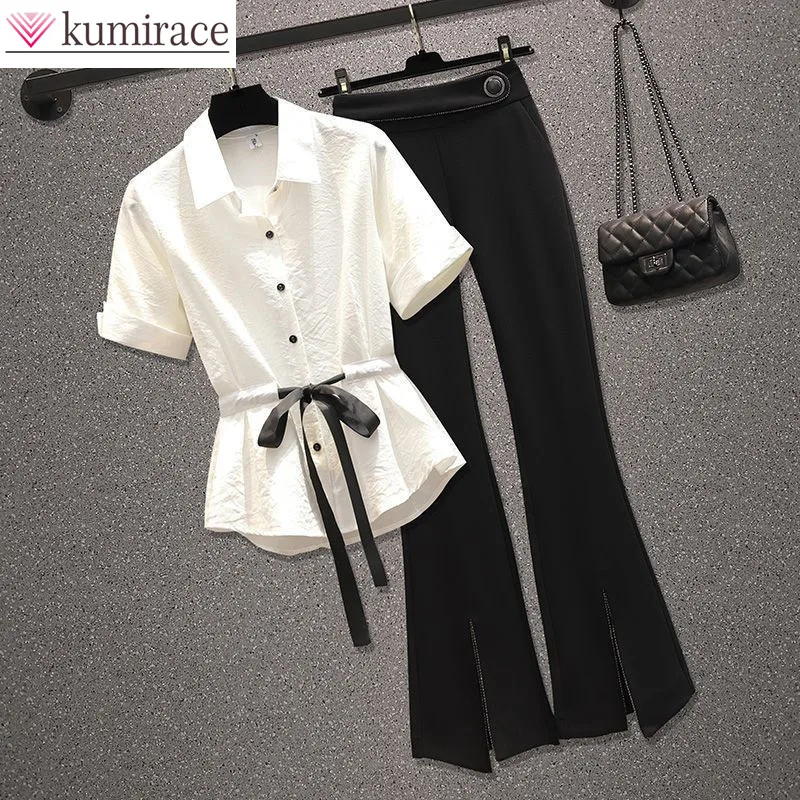 Button Decorative Bow Tie Up Short Sleeve Chiffon Shirt Casual Wide Leg Pants Two Piece Elegant Women's Pants Set Office Outfits