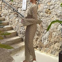 Sexy Round Collar Long Sleeve Wrap Dress Knitting Hollow Out Beachwear Cover Up Summer Holiday Beach Elegant Long Dress - Image 4