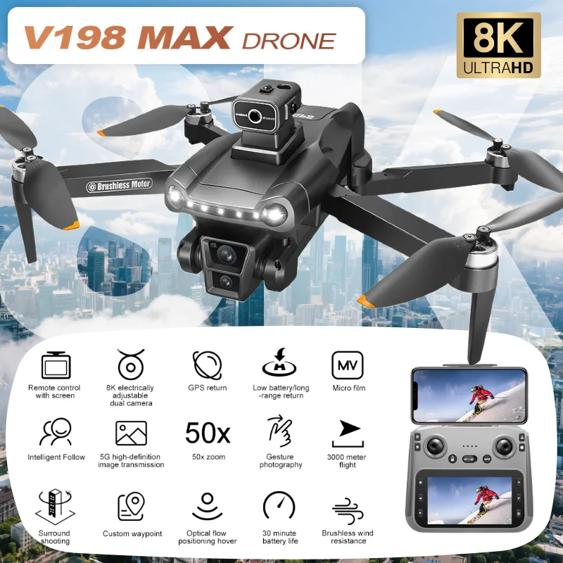 Drone GPS V198MAX Originale con Fotocamera Professionale 8K, FPV Aereo, Evitamento Ostacoli Laser e Telecomando con Grande Schermo - immagine 3