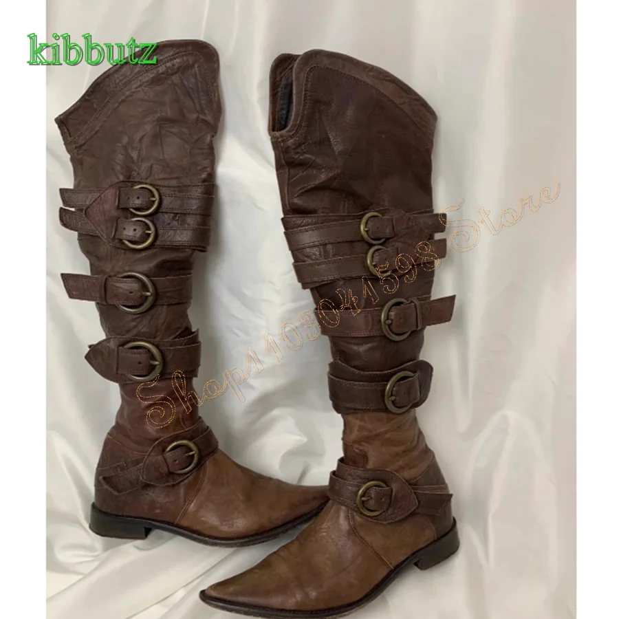 

Vintage Leather Knee High Boots,Pointed Toe Buckle High Heel Boots Low Heel Zipper Boots for Women 2024 New Zapatos Para Mujere