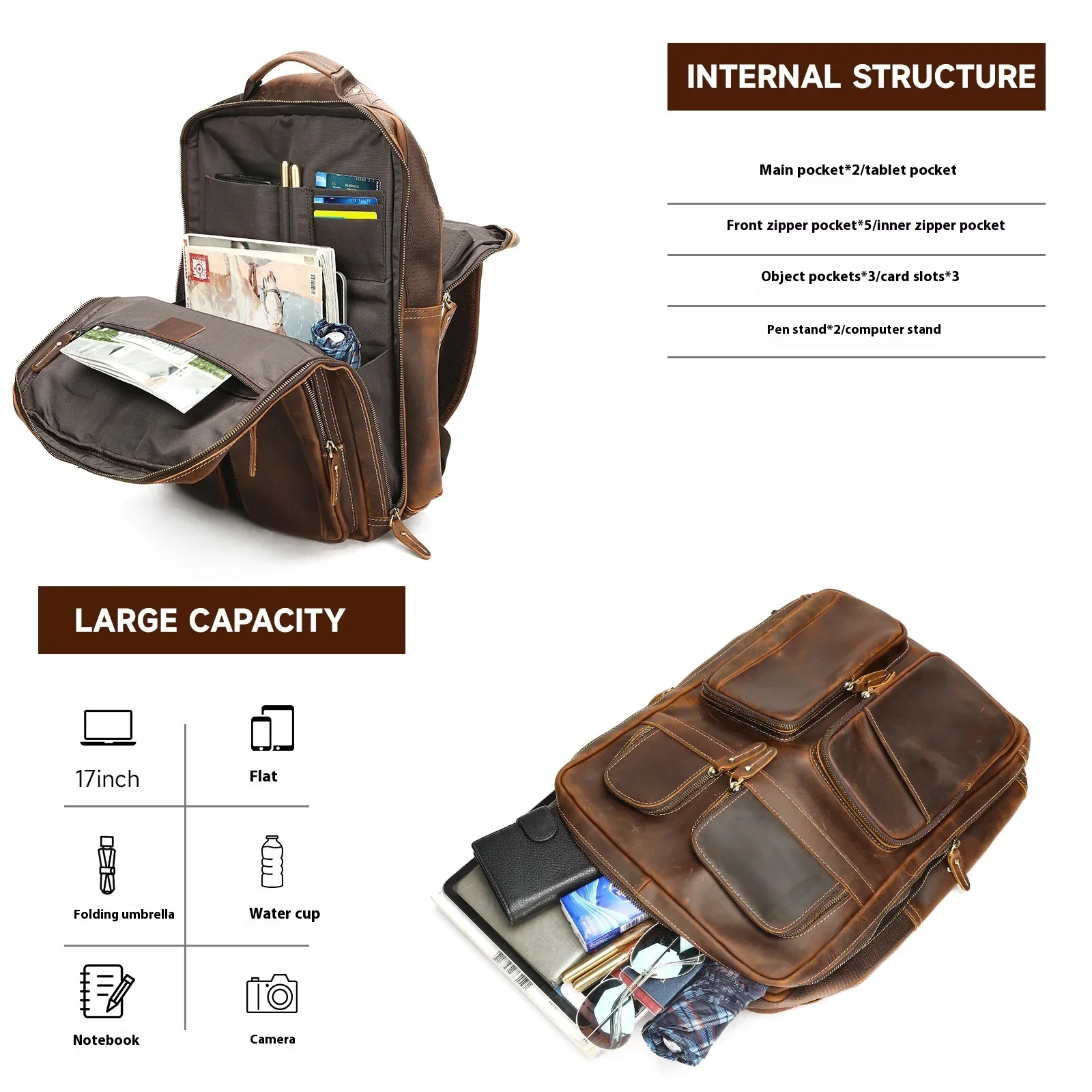 Vintage Crazy Horse Leather Men's Backpack with Large Capacity for Business Travel and 17-inch Laptop