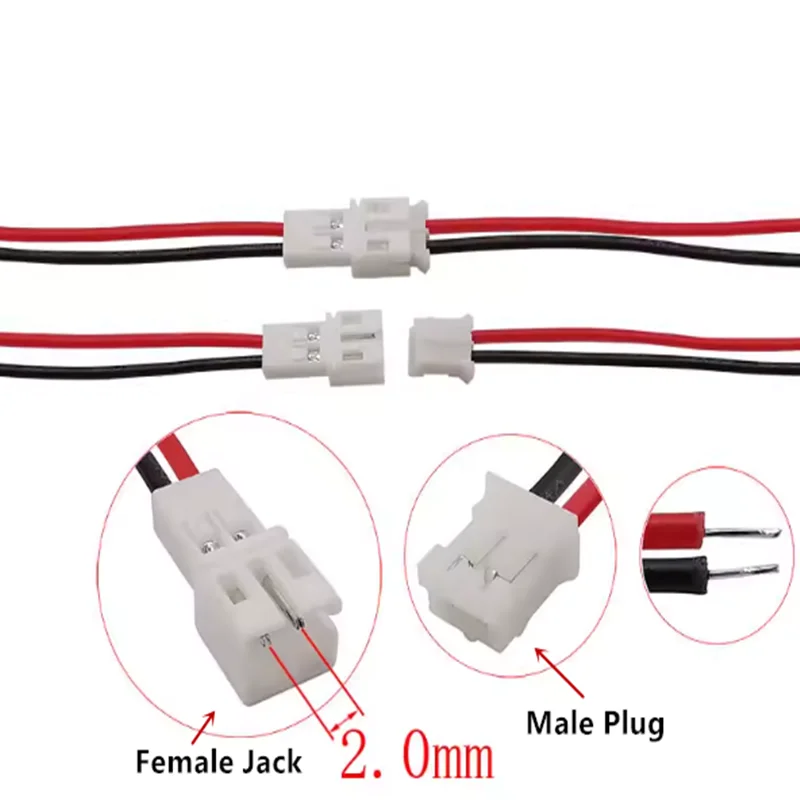 Plusieurs lots de connecteurs JST PH 2.0 avec câbles de 200mm, disposés en rangée pour le modélisme.