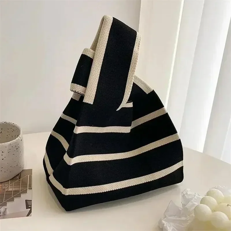 Women Handmade Knitting Small Handbag Casual Wrist Bag Versatile Stylish Shopper Mini Tote Bag Student Reusable Shoulder Bag