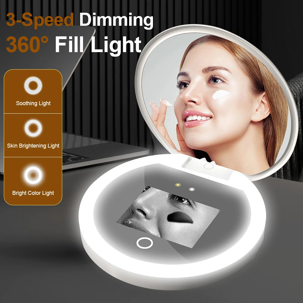 TENGMIR Handheld LED Light Makeup Mirrors Round Portable UV Mirror Lights Checking Facial Smart Sunscreen Makeup Mirror