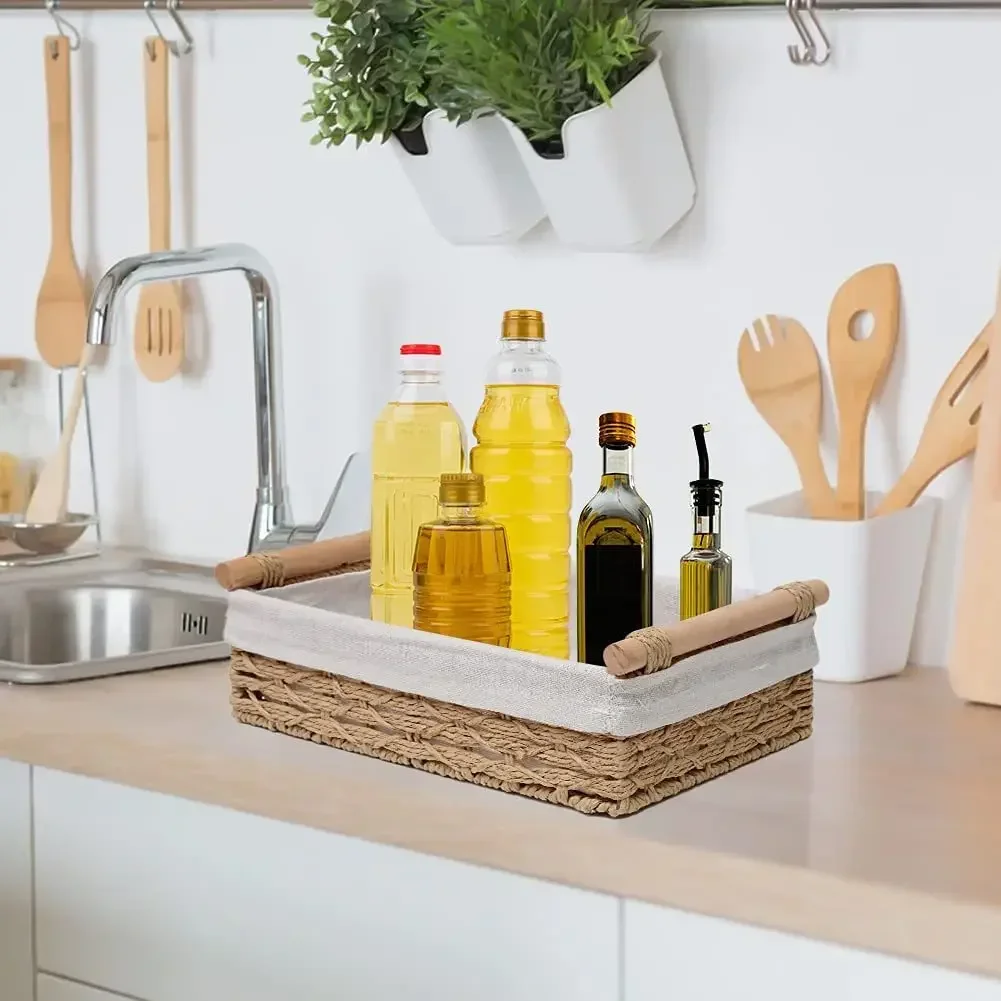 1pc Bathroom and Kitchen Storage Basket - Small Wicker Organizer for Countertops - Round Paper Rope 3