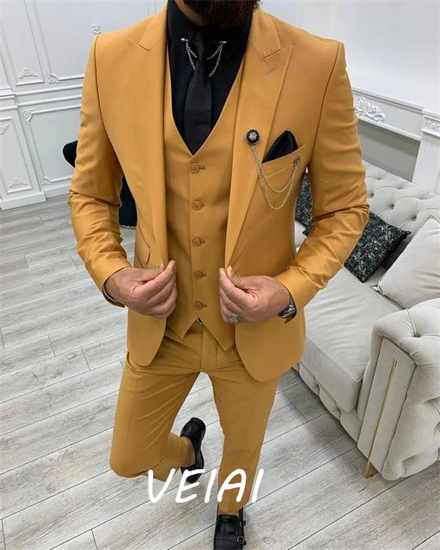 

White Peak Lapel Slim Fit Mens Suits 3 Pieces Tuxedos Terno Masculino Groom Wedding Prom Costume Homme Blazer