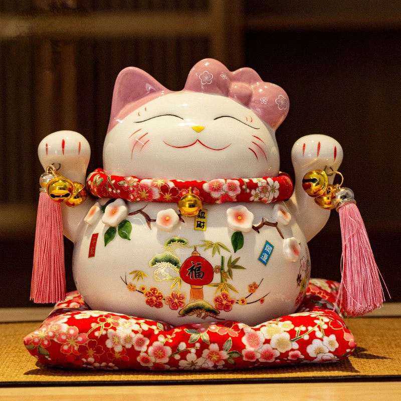 

Кошка с цветами персика 5 Дюймов Кошка на удачу девушка милая банка для наличных японское керамическое украшение кассир кошка на удачу домашний декор