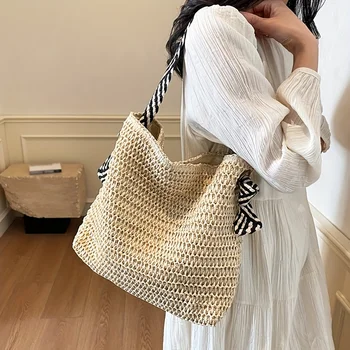 حقيبة يد كبيرة من القش المنسوج من Boho Chic للنساء حقيبة كتف للركاب، مثالية لنزهات الربيع، حقيبة حمل على الشاطئ، 6