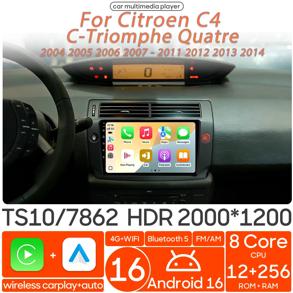 Radio Multimedia para Auto Android 16 para Citroen C4 C Triomphe Quatre, Reproductor de Video, Carplay, Wifi, Navegación GPS 2din