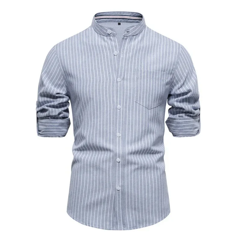 

2023 Spring/Summer Slim Fit Standing Neck Shirt Men's Cotton Hemp Casual Fashion Business Stripe European Long Sleeve Shirt