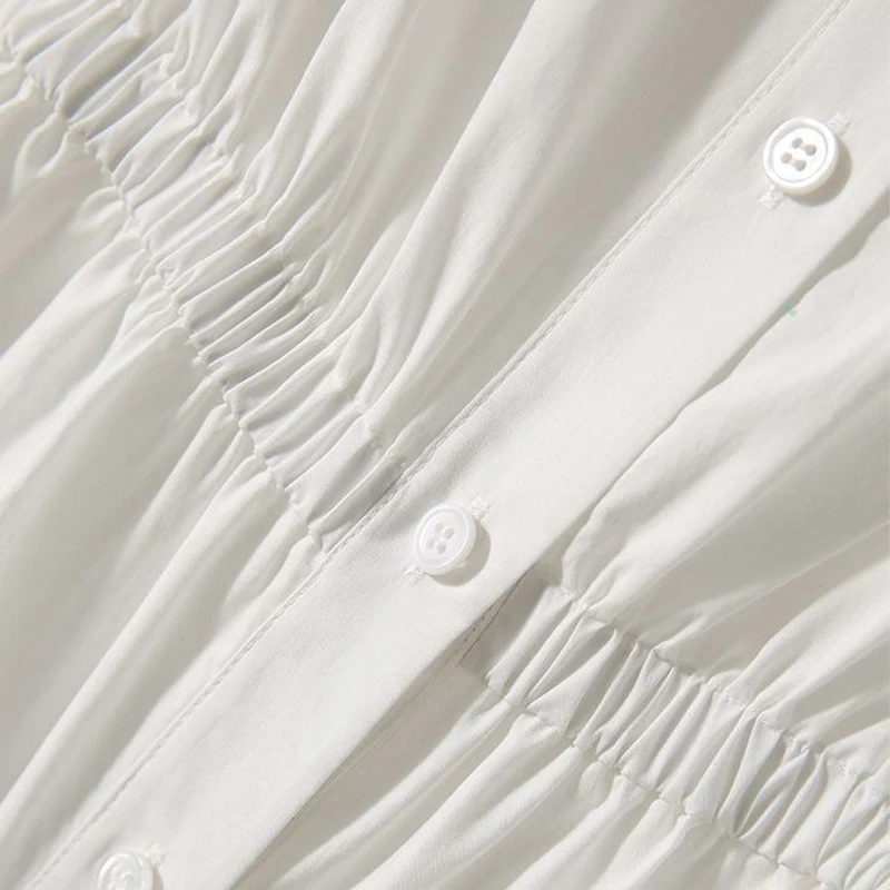 2023 Summer New Solid Color Fashion V-neck Lantern Sleeve Shirt Women Casual Loose Button Pleated Elegant All-match Cardigan