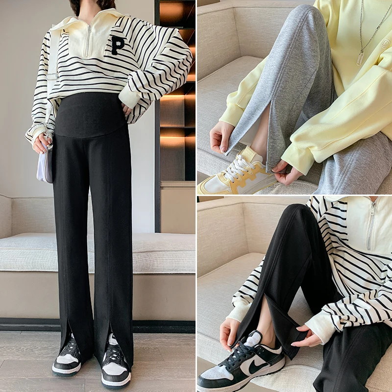 

3XL Pregnant Women's Pants Spring Korean Style Front Split Wide Legs Maternity Belly Trousers Loose Casual Pregnancy Boot Cut