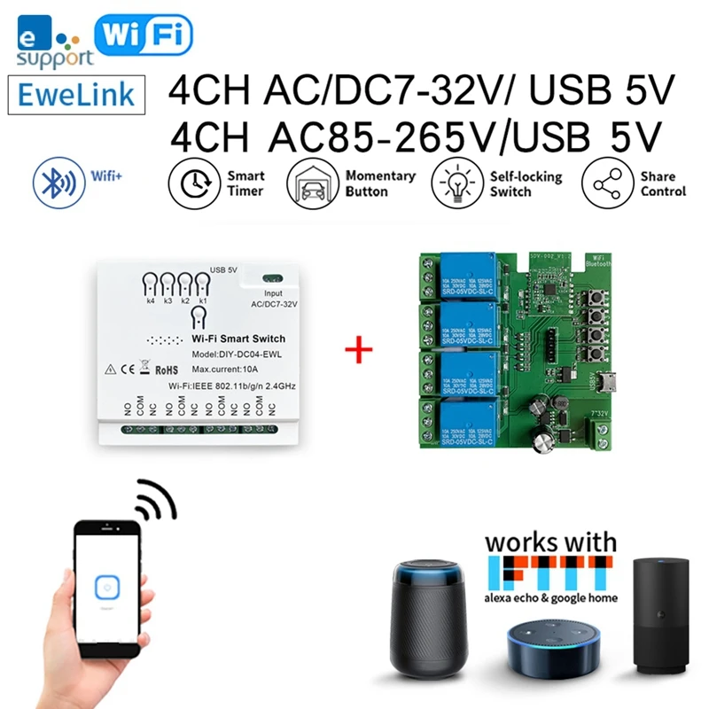 

Умный выключатель Ewelink, 4 канала, Wi-Fi, 7-32 В, USB, 5 В, 2,4 ГГц