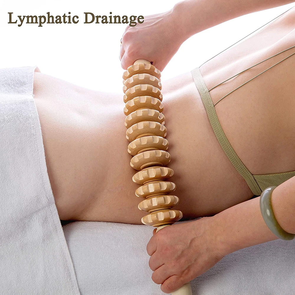 Curved 12-Wheel Wood Therapy Roller Stick for Lymphatic Drainage and Massage