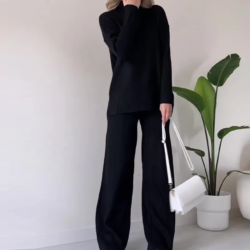 Two Pieces Women Pant Sets Solid Turtleneck Tops Pullover Wide Leg Ankle Length Pants Matching Sets Pockets Sports Casual 2