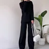Two Pieces Women Pant Sets Solid Turtleneck Tops Pullover Wide Leg Ankle Length Pants Matching Sets Pockets Sports Casual 2