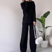 Two Pieces Women Pant Sets Solid Turtleneck Tops Pullover Wide Leg Ankle Length Pants Matching Sets Pockets Sports Casual 2