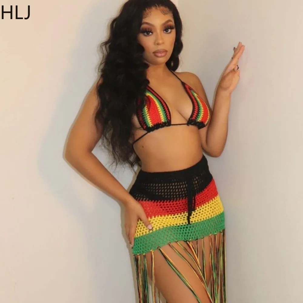 

HLJ Sexy Splicing Knitting Tassels Skirts Two Piece Sets Women Deep V Halter Lace Up Backless Crop Top And Skirts Beach Outfits