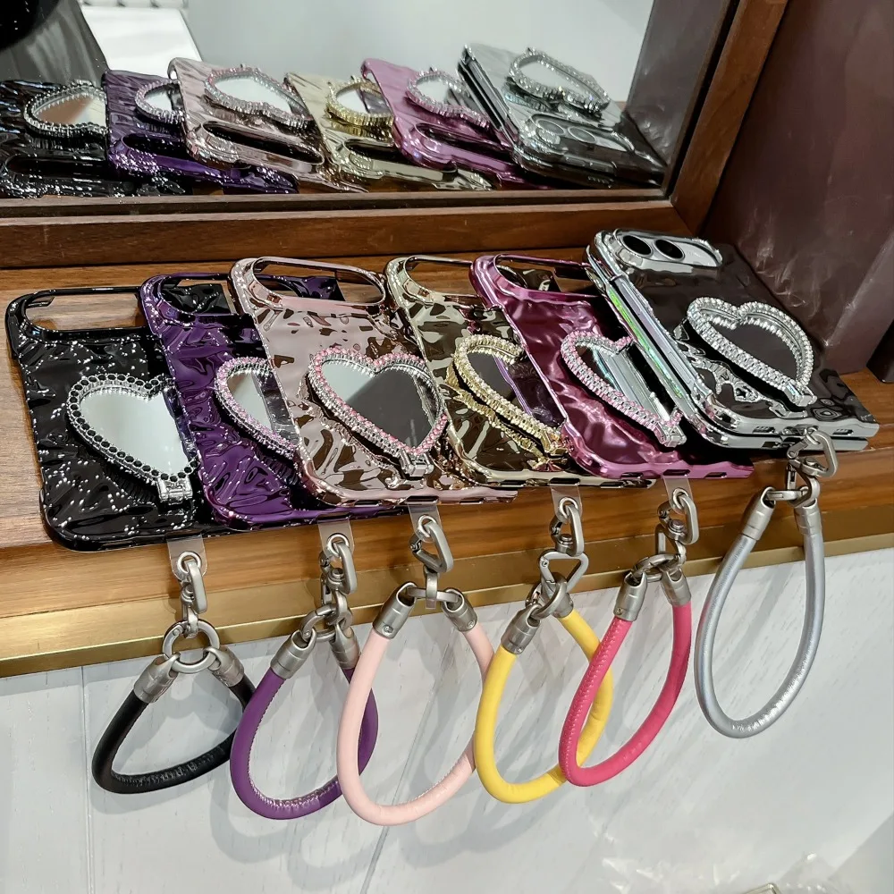 Elegant Heart Mirror Diamond Stand Case with Lanyard - Shockproof and Durable Cover
