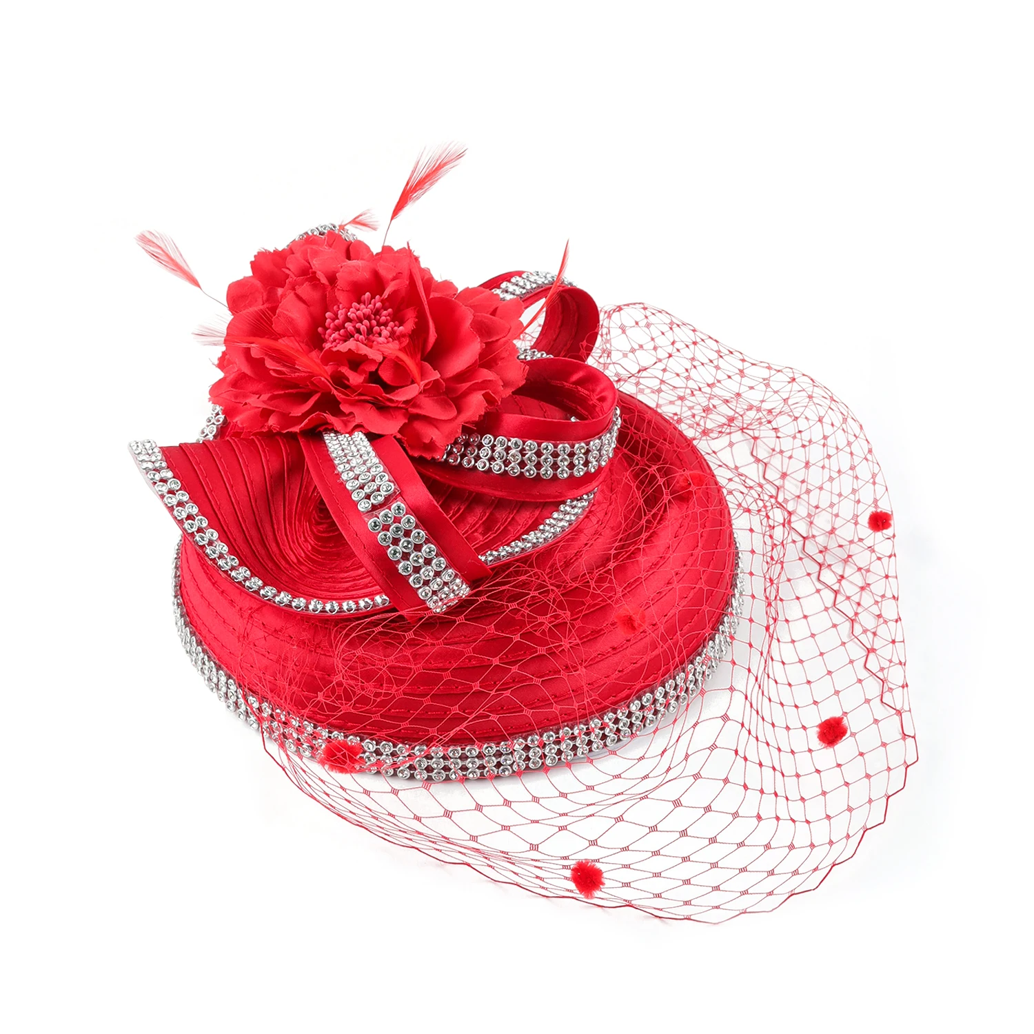 Handmade Satin Derby Fascinator Hat with Flower for Church Wedding Events kentucky derby hat fascinator light pink satin with netting  main image 3