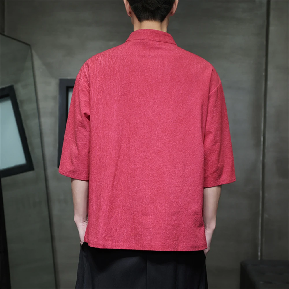 Men New Disc Buckle Cotton Linen Hanfu Tops Chinese Style Plus Size Fashion Casual T-shirt Male Loose Breathable Pullover