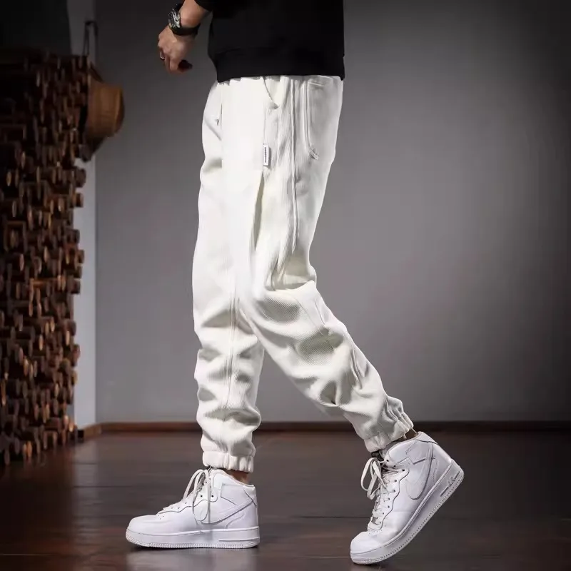 Autumn Beige Baggy Pants Men Casual Sports Elastic Waist Drawstring Jogging Trousers