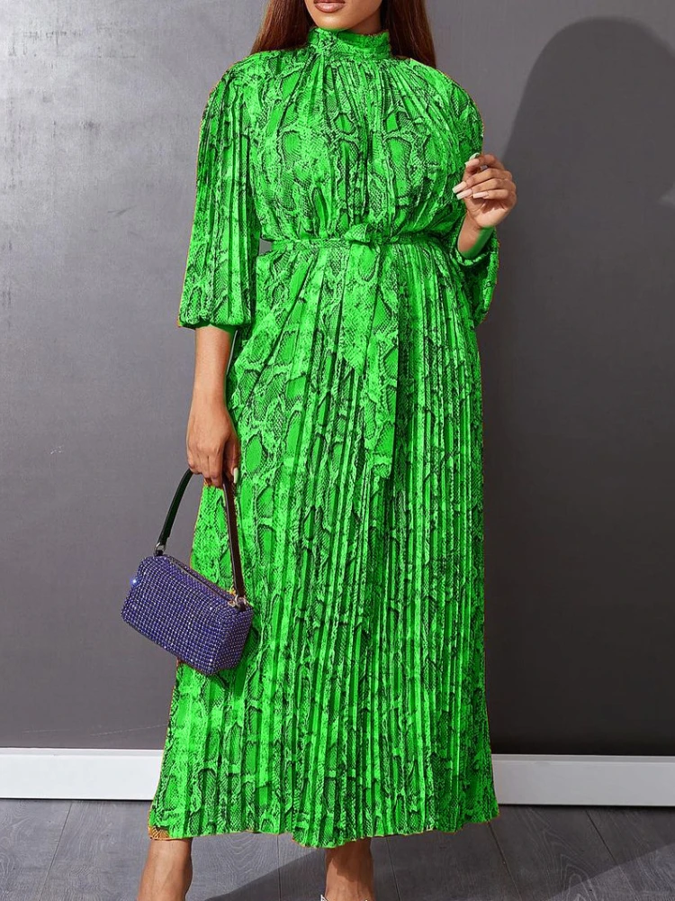 

Classy Pleated Dresses for Women Printed Sexy Sash Belt Half Stand Collar Long Sleeve Green Pink Party Celebrity Robe Gowns Hot