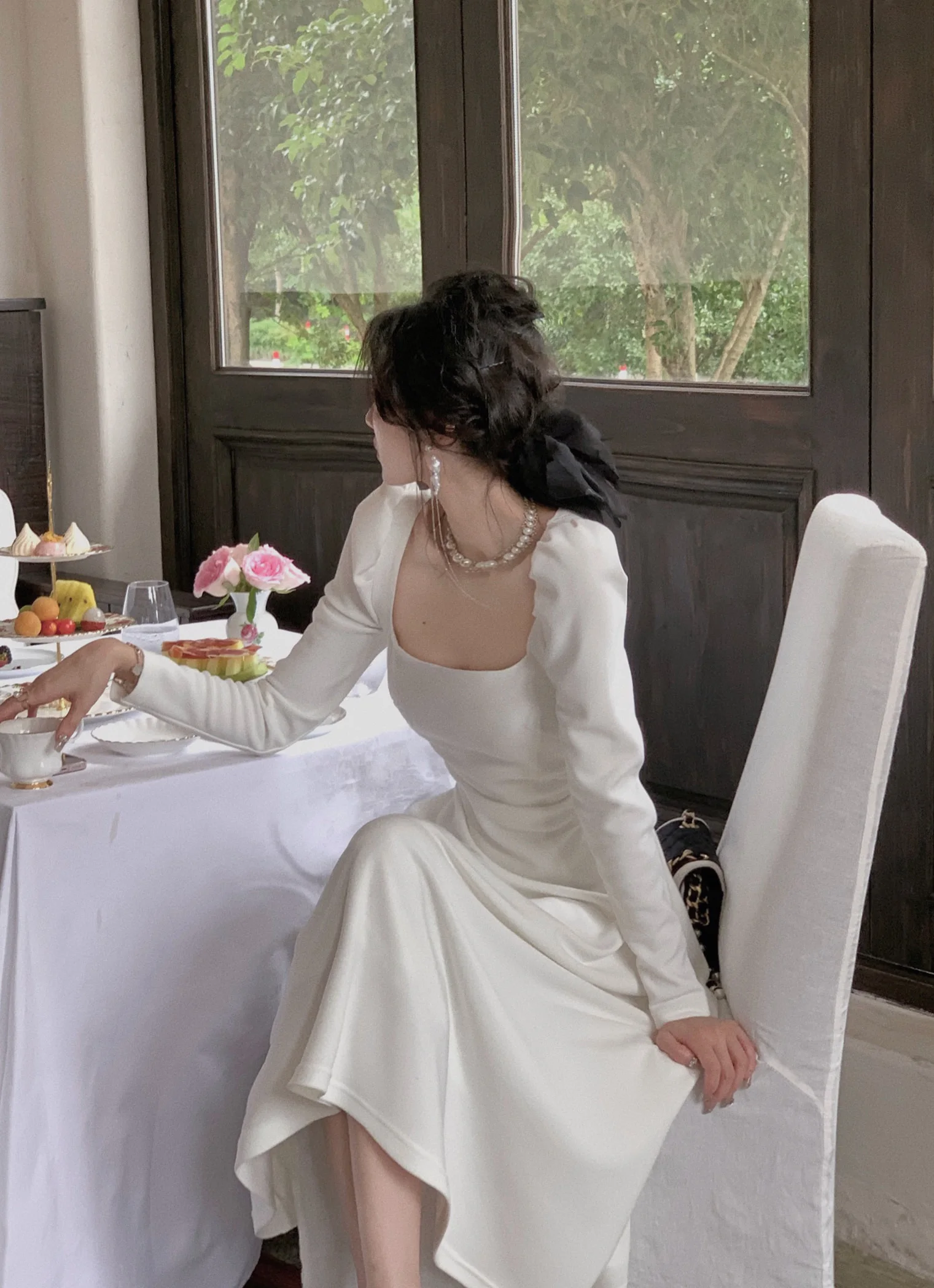 Spring New Elegant Square Collar Midi Party Dresses for Women Long Sleeve Black White Slim Vestidos Female High Waist Clothes