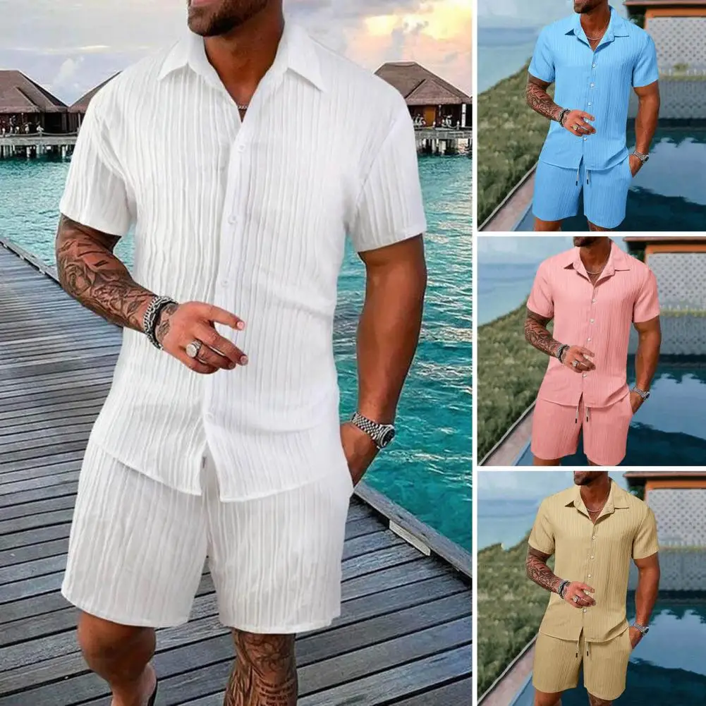 

Lightweight Men Summer Outfit Men's Casual Lapel Shirt Drawstring Waist Shorts Set Solid Color Loose Fit Outfit for Summer Men