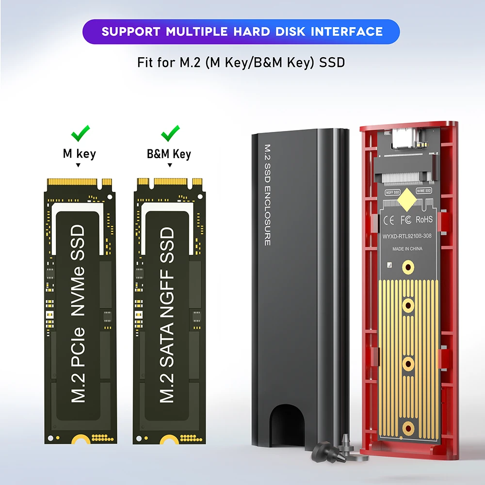 M2 SSD ̽ NVME Ŭ M.2-USB 3.1 SSD  ڽ ̽, NVME PCIE NGFF SATA M + B Ű 2230, 2242, 2260/2280  ݿ