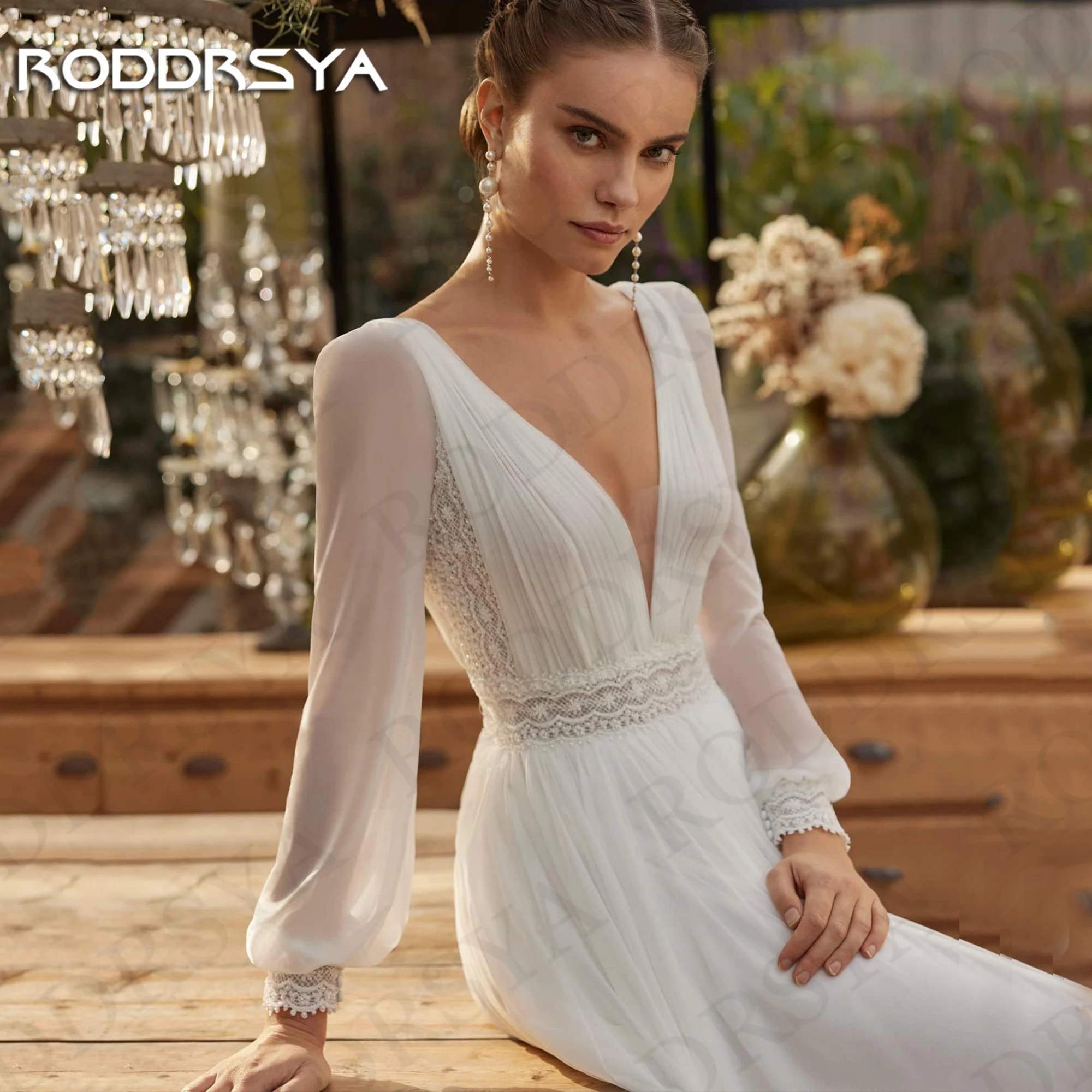 Long Sleeve Wedding Dress For Bride Boho V Neck Chiffon A Line Bridal Dresses Split Sweep Train