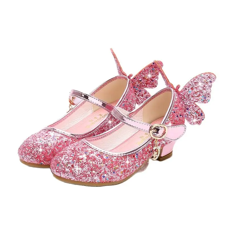 Girls High Heel Shoes 2022 Spring Fashion New Butterfly Sequin Princess Crystal Shoes Girls Birthday Party Children's Shoes