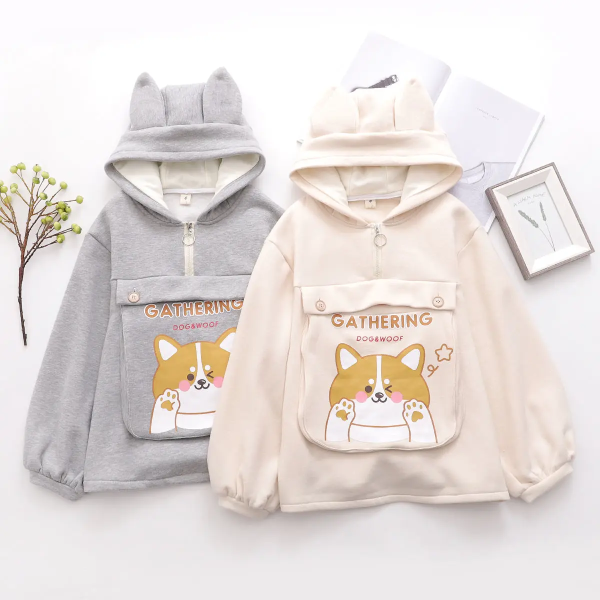 Kawaii Corgi Hoodies Women Harajuku Cartoon Hoodies Sweatshirts Cotton Fleece Hooded Sweatshirt With Ears Girls Top Pullover