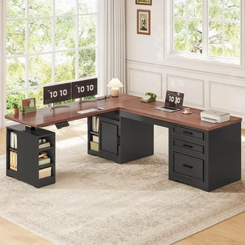 L-Shaped Electric Standing Desk, 63 x 67 Adjustable Height, Home Office Executive Desk with Drawers and Shelves, Black 3