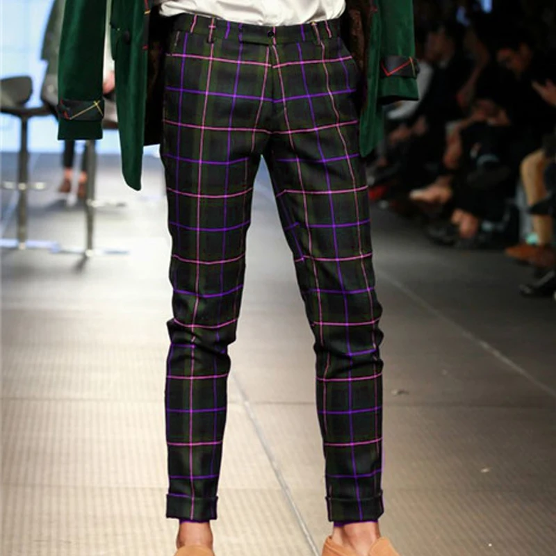 High end slim fit casual pants for men's 2024 spring/summer trendy and versatile leggings, business style checkered trousers