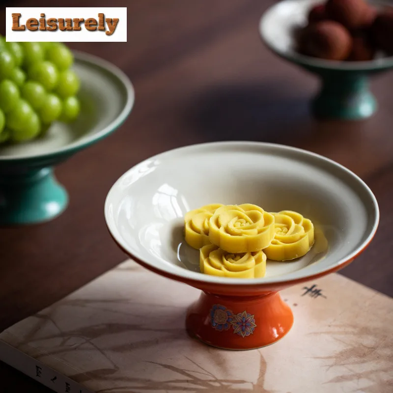 Japanese Turquoise Green High Foot Fruit Dishes Zen Pastry Plate Dessert Candy Dish Candy Bar Household Hospitality Dishes Gift