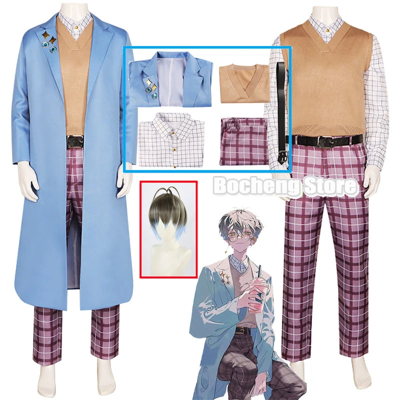 

Luxiem Ike Eveland Cosplay Anime Hololive VTuber Costumes Ike Blue Trench Pants Fancy Party Suit Halloween Carnival Uniforms