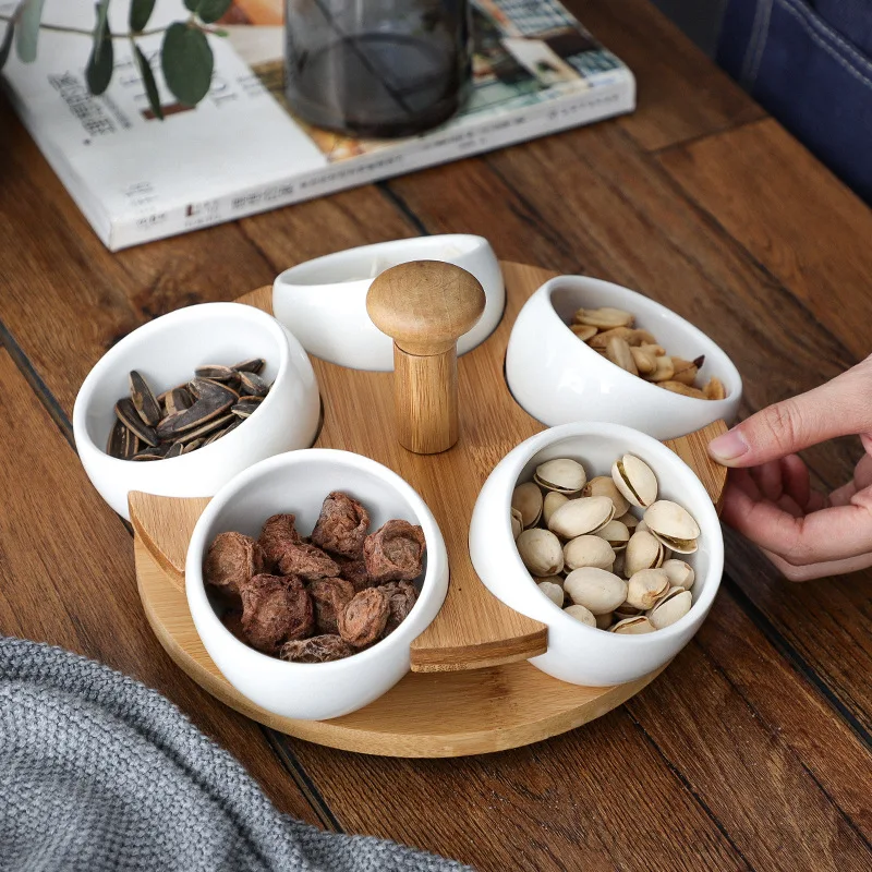 

Nordic Creative Porcelain Wood Grid Fruit Tray Dried Fruit Snack Tray Afternoon Tea Bamboo Wood Personality Living Room Supplies