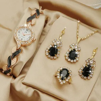 Relógio feminino conjunto de joias de mão pulseira de diamante relógio + conjunto de joias de gota de água 5 unidades/conjunto 1