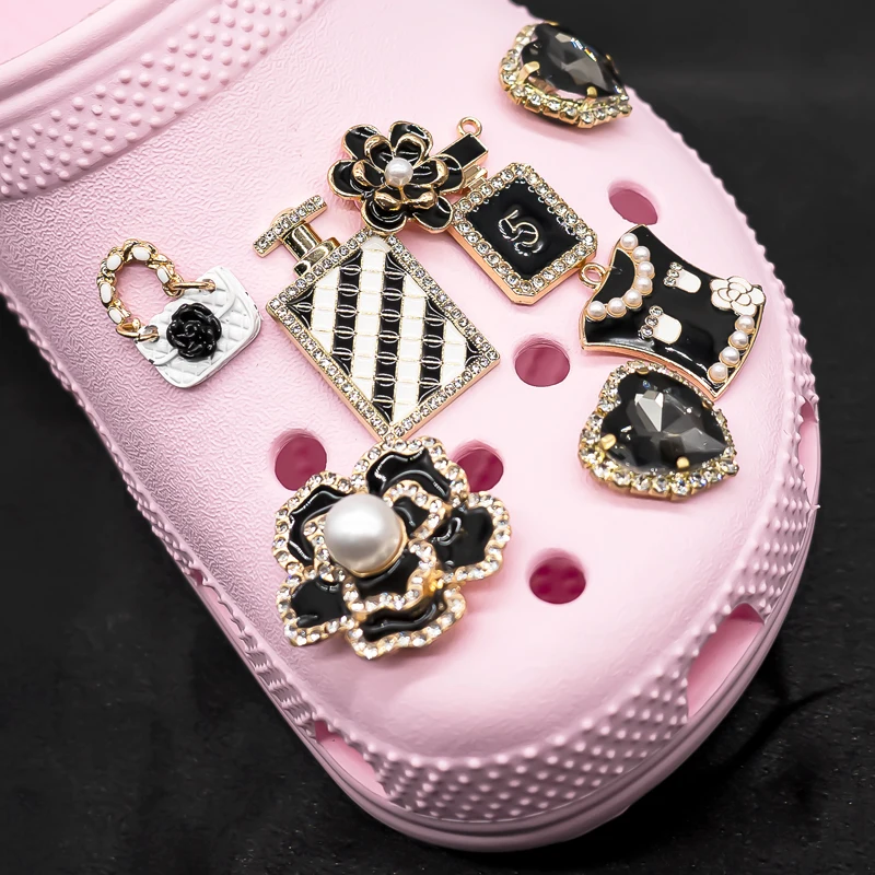 8pcs Black Flower Croc Charms Bling Perfume Shoe Charms Metal Bags